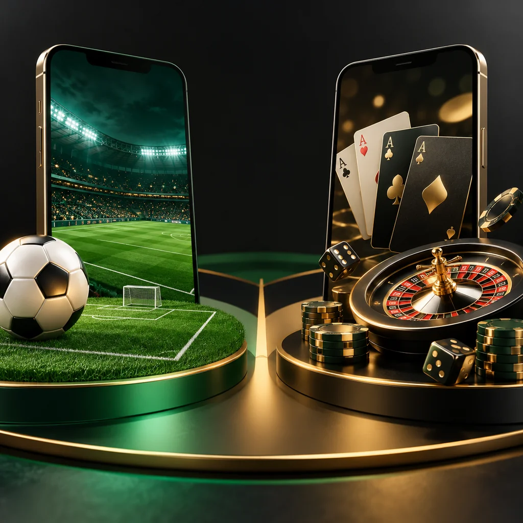 Two phones beside a generic football pitch and casino cards, no team logos