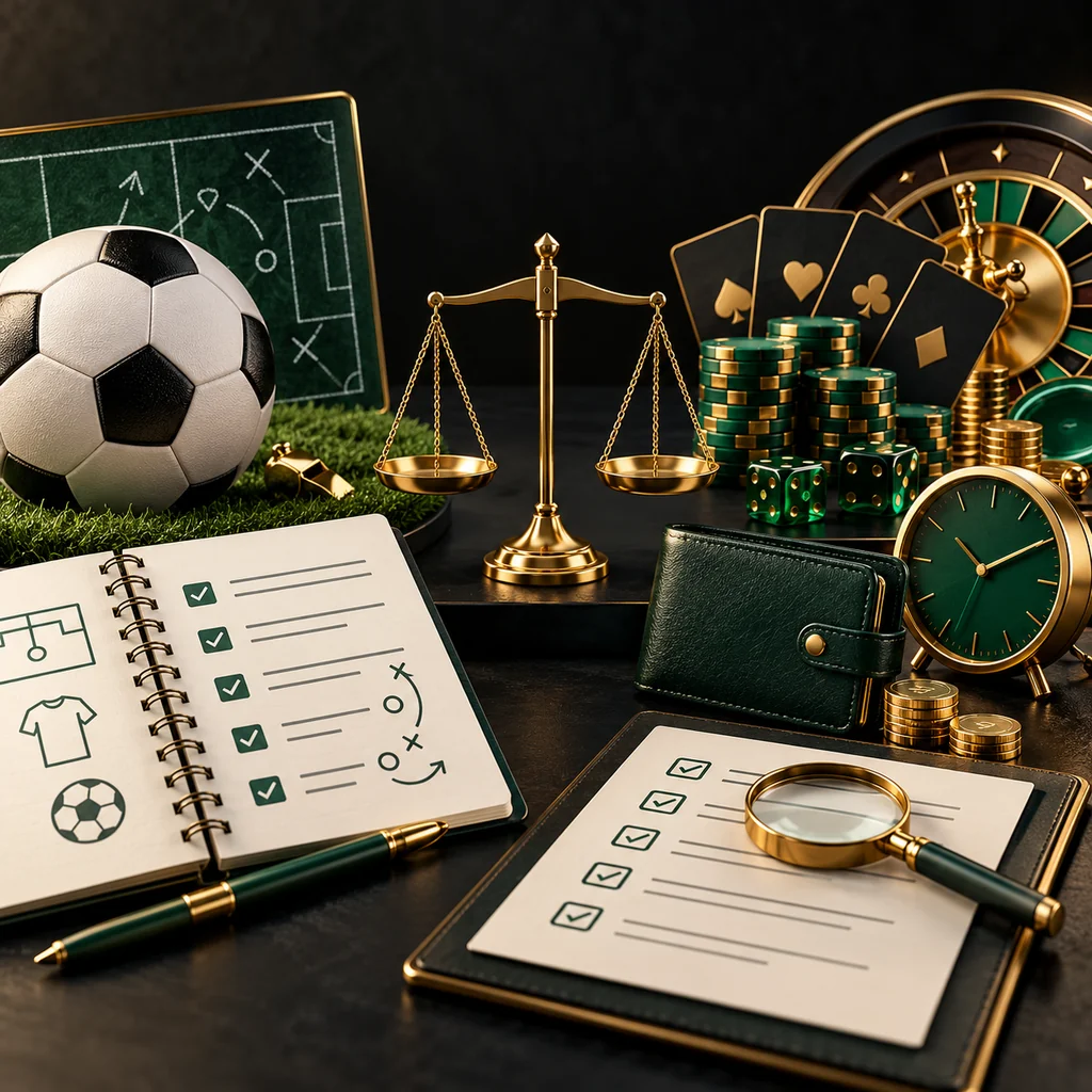 A comparison desk with football, wagering rules notebook, wallet and review clock