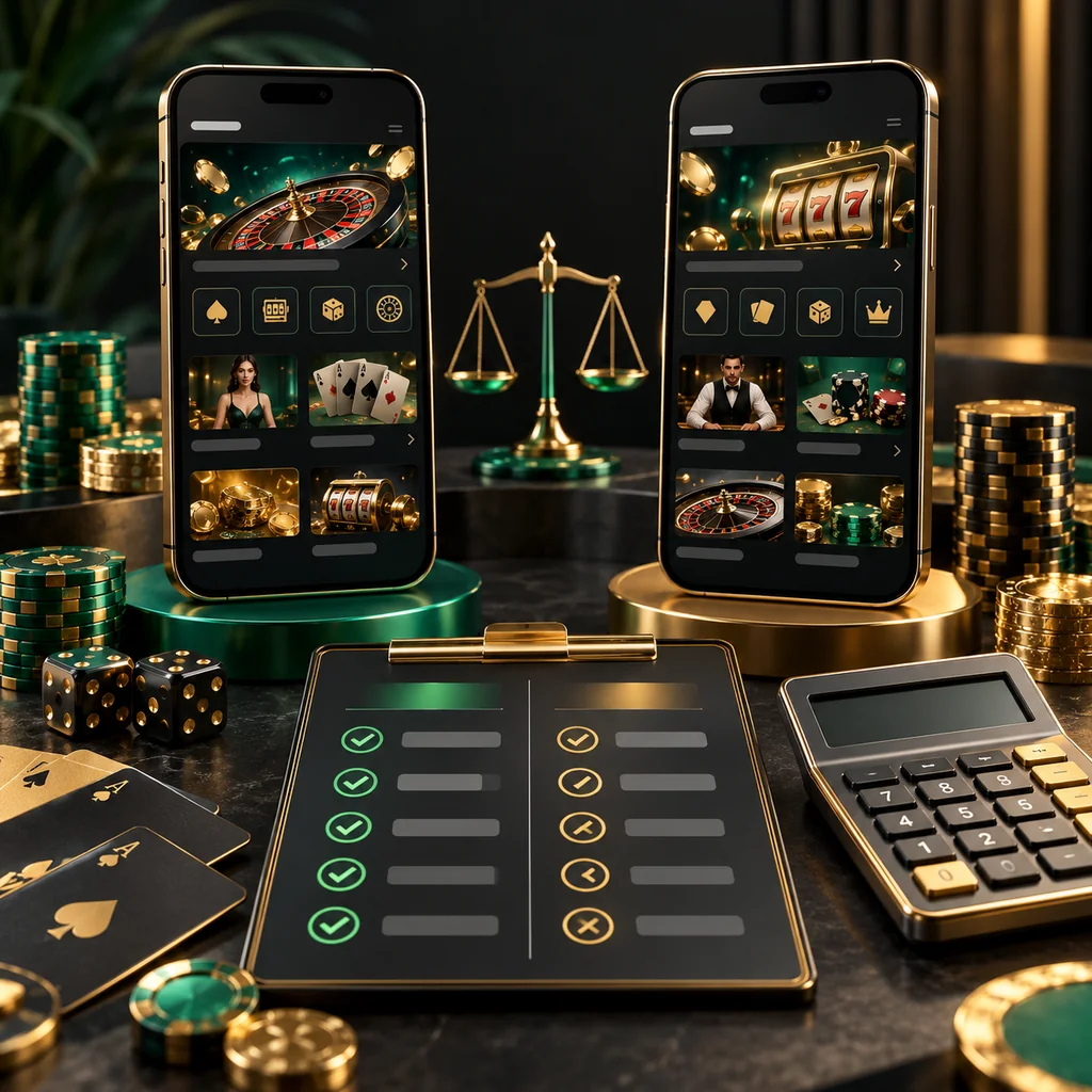 Two neutral mobile casino interfaces beside a calculator and comparison checklist