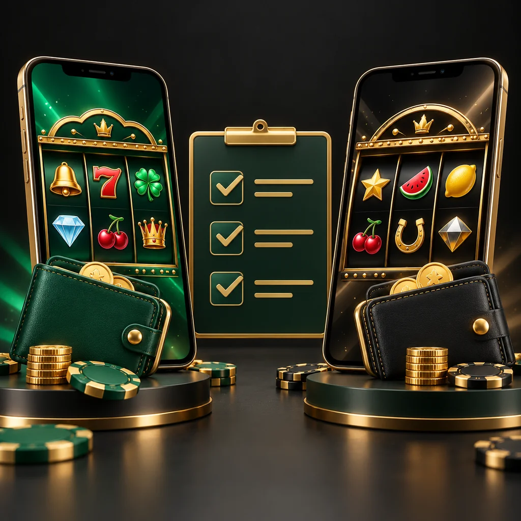 Two abstract mobile slot displays with digital wallets and a checklist between