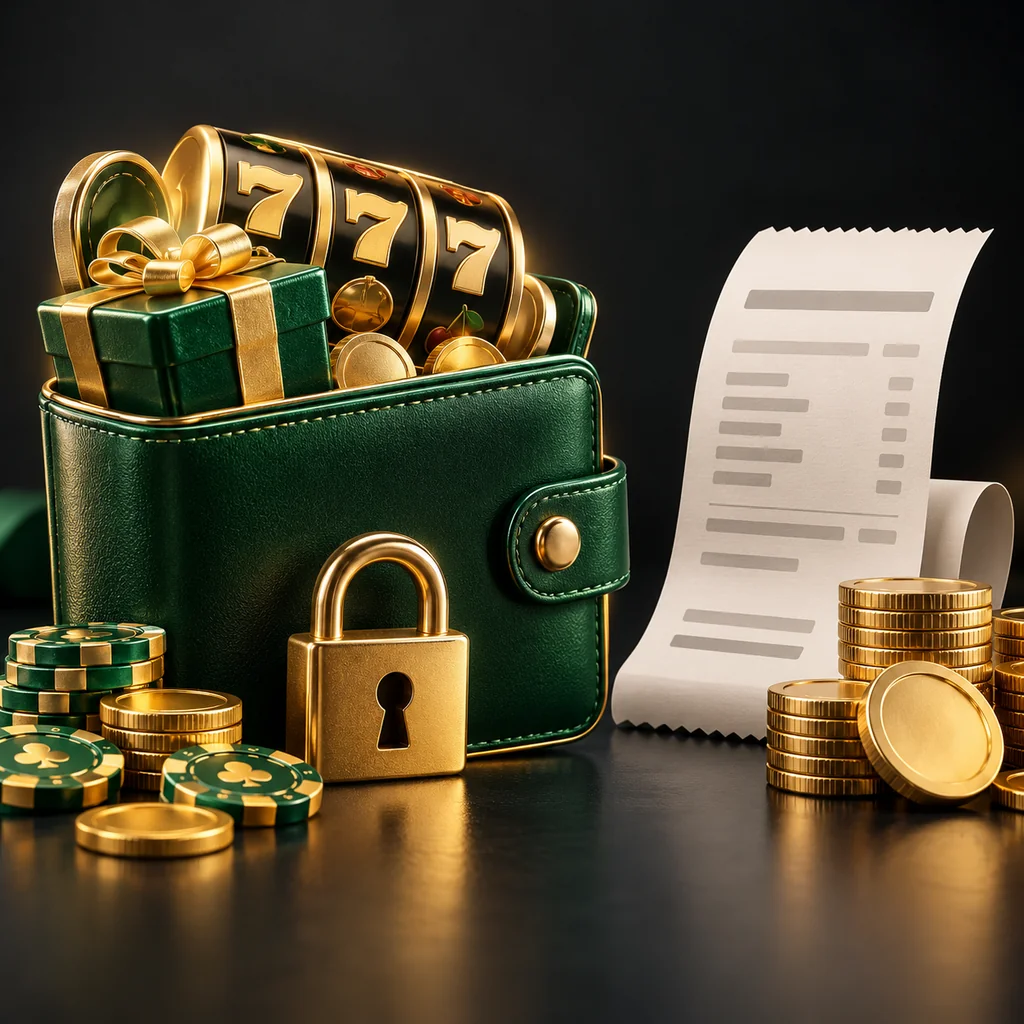A secure wallet concept with slot symbol, bonus gift icon, lock and receipt