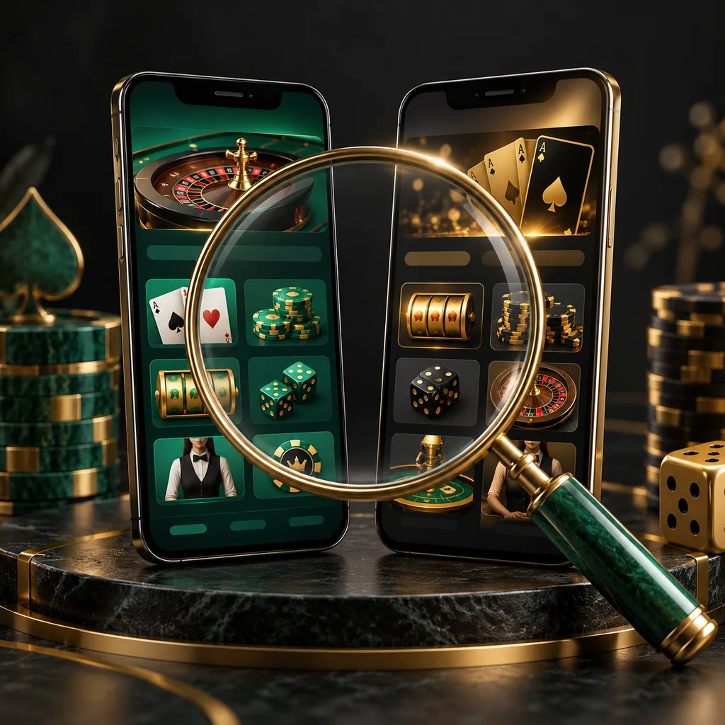Two distinct smartphone interfaces examined by a magnifying glass, no names or logos