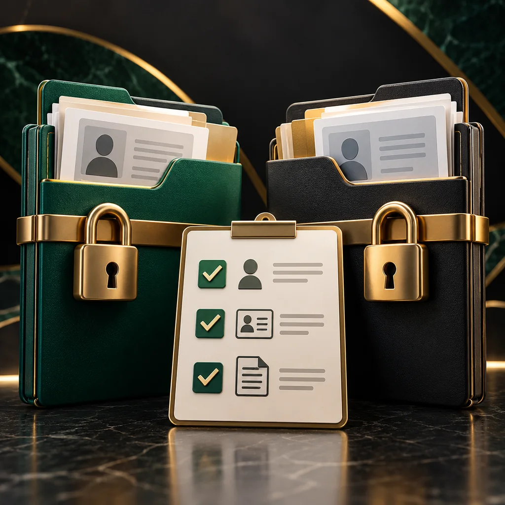 Two company document folders with separate locks and an identity verification checklist