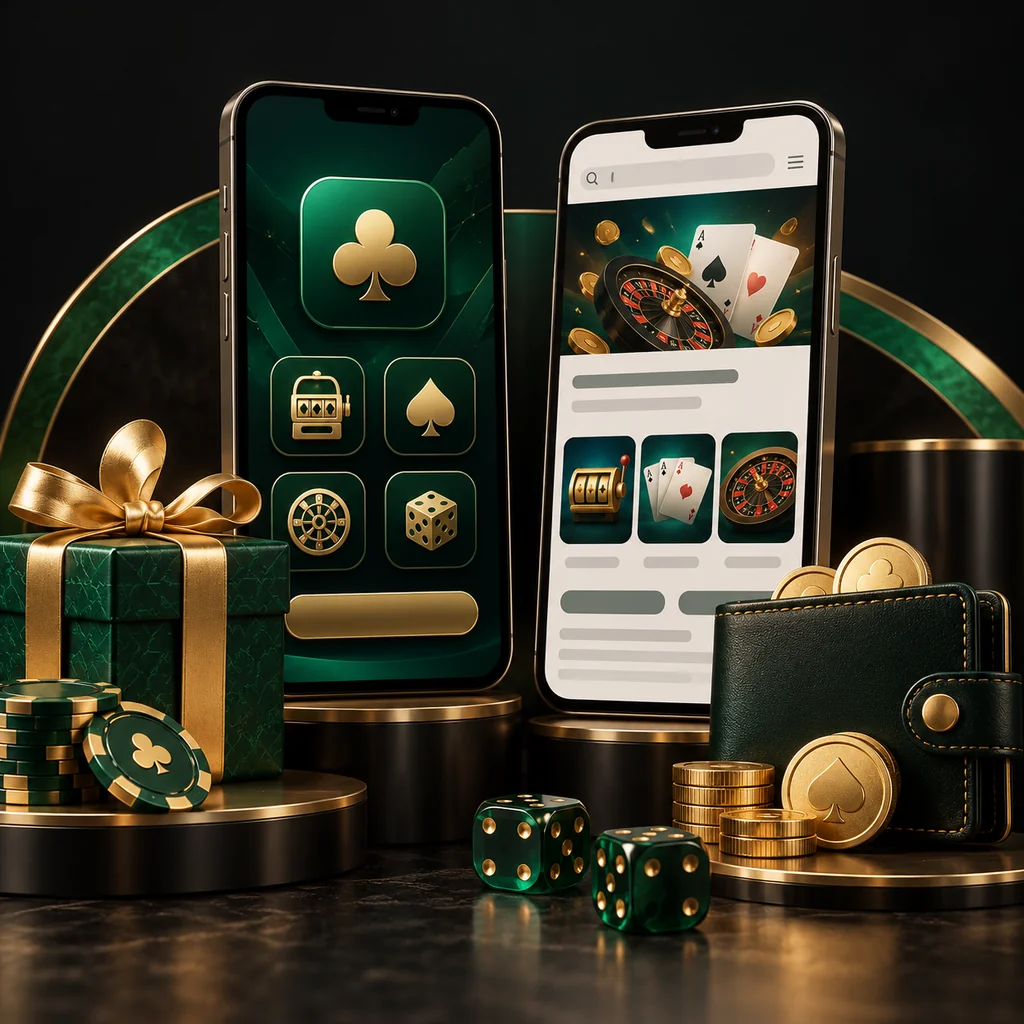 Two phones showing app and mobile-web concepts beside gift and wallet icons