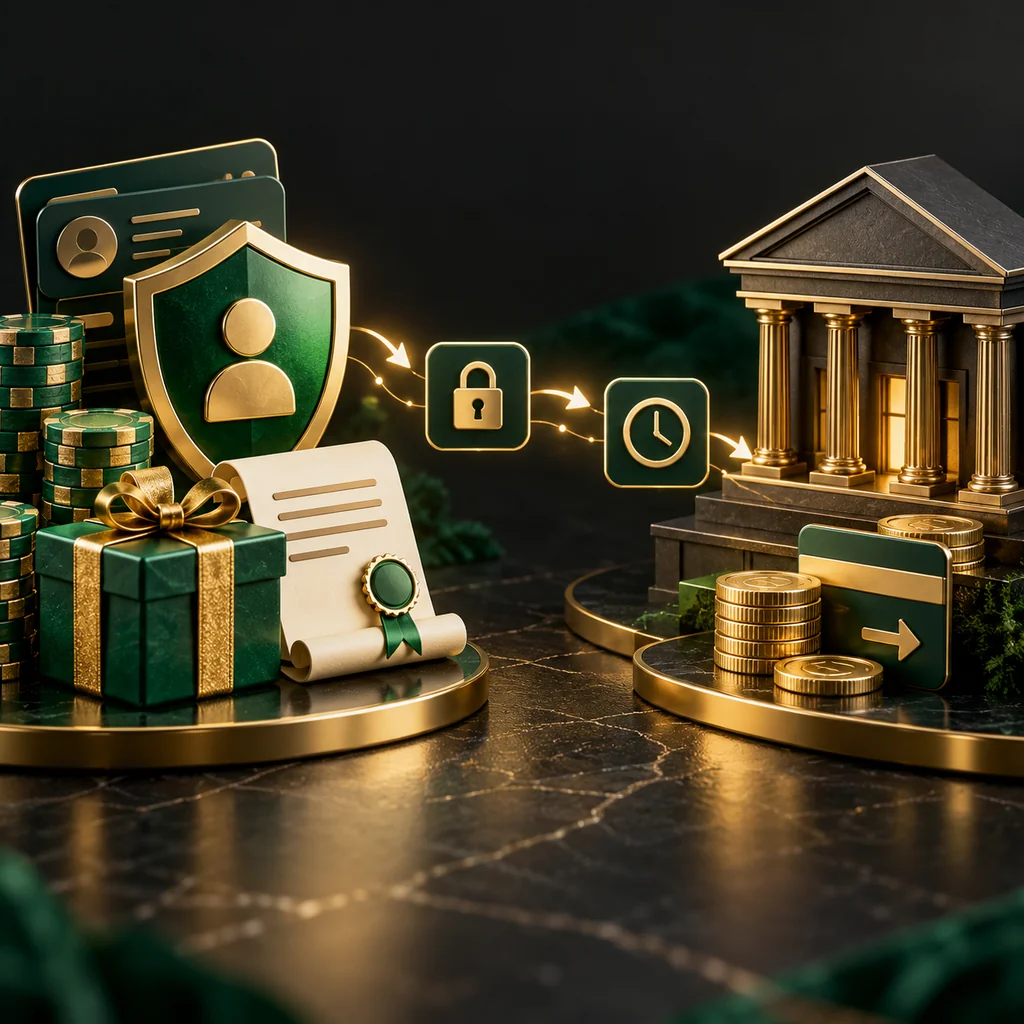 A payout journey desk with identity shield, bonus terms, bank and processing clock