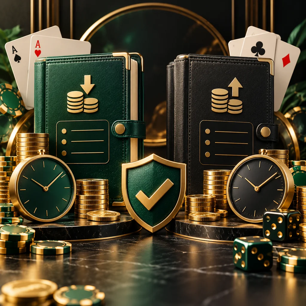 Two unbranded payment ledgers with clocks, card-game icons and a verification shield