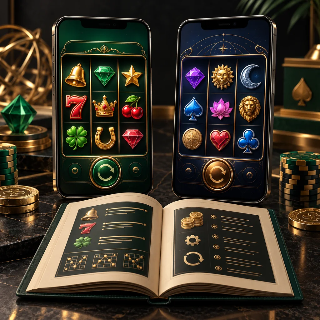 Two smartphone slot interfaces with distinct abstract reels beside a game-rules booklet