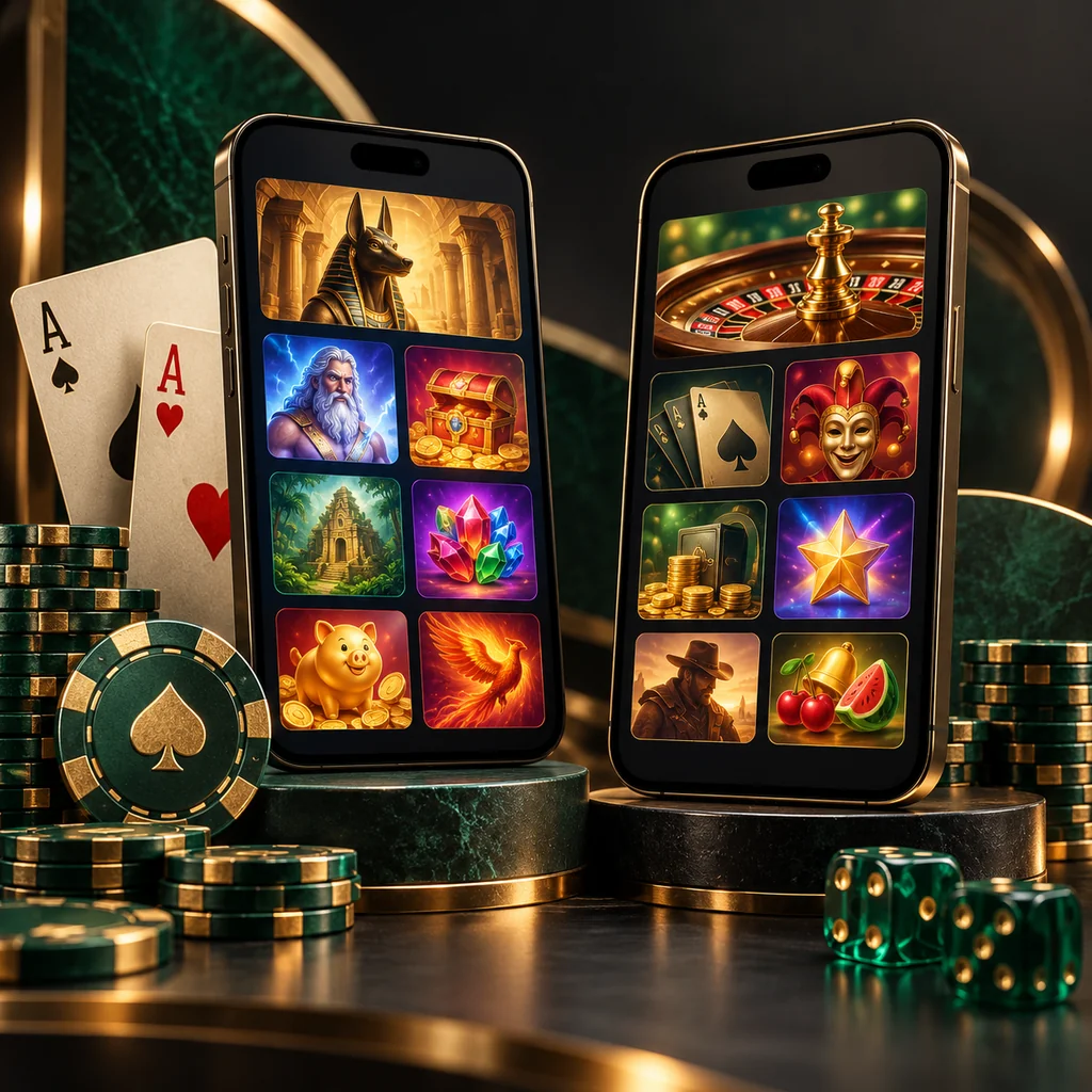 Two smartphones showing different abstract game catalogues beside playing cards