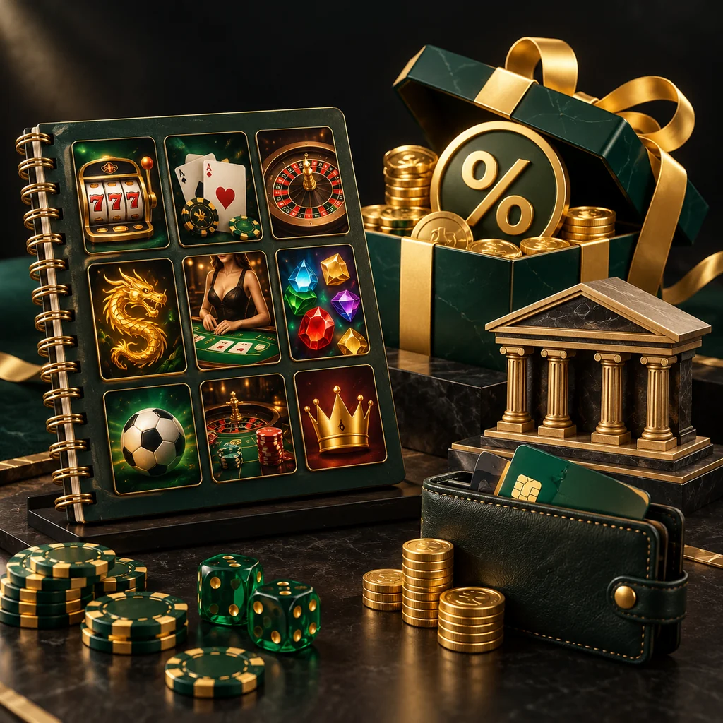 A game catalogue notebook beside promotional-credit icon, bank and wallet concepts