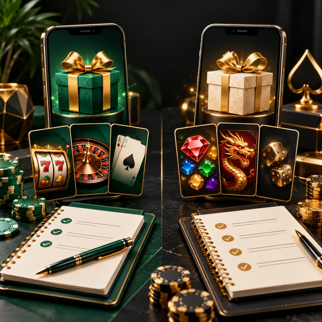 Two smartphone casino concepts with distinct gift icons and game cards beside terms notebooks