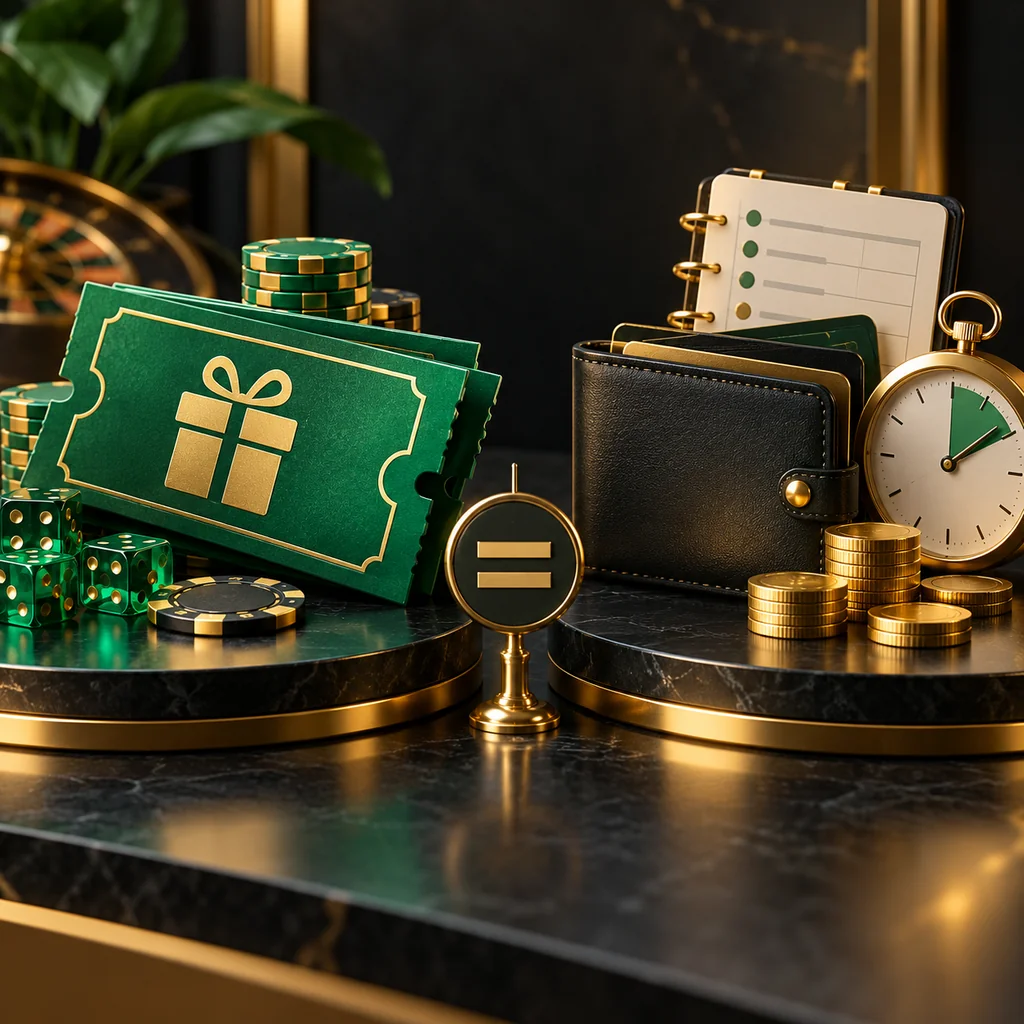 A comparison desk with free-credit voucher concept, wallet, ledger and processing clock