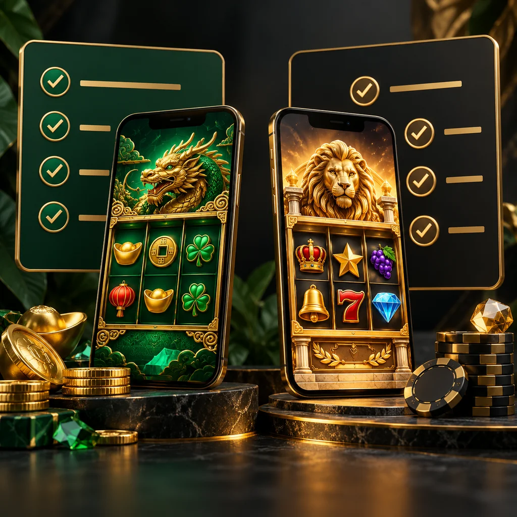 Two mobile slot concepts beside different bonus checklists