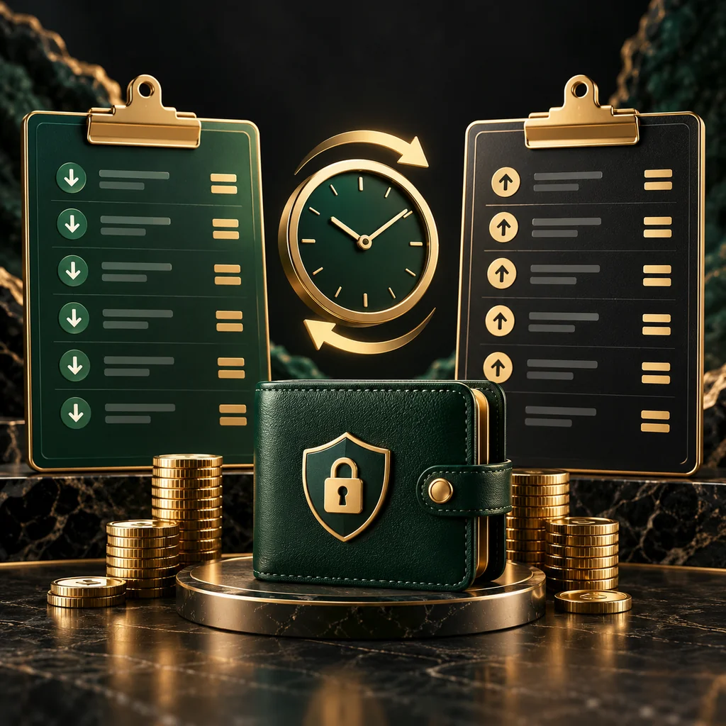 Two payout ledgers, a processing clock and a secure wallet arranged as a comparison