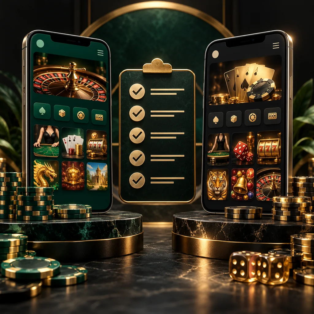 Two neutral mobile casino interfaces beside a balanced evidence checklist