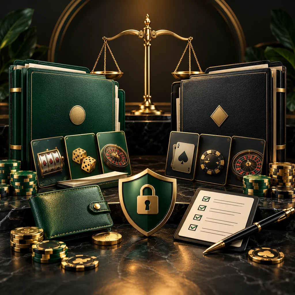 A comparison desk with company folders, game cards, wallet and security shield