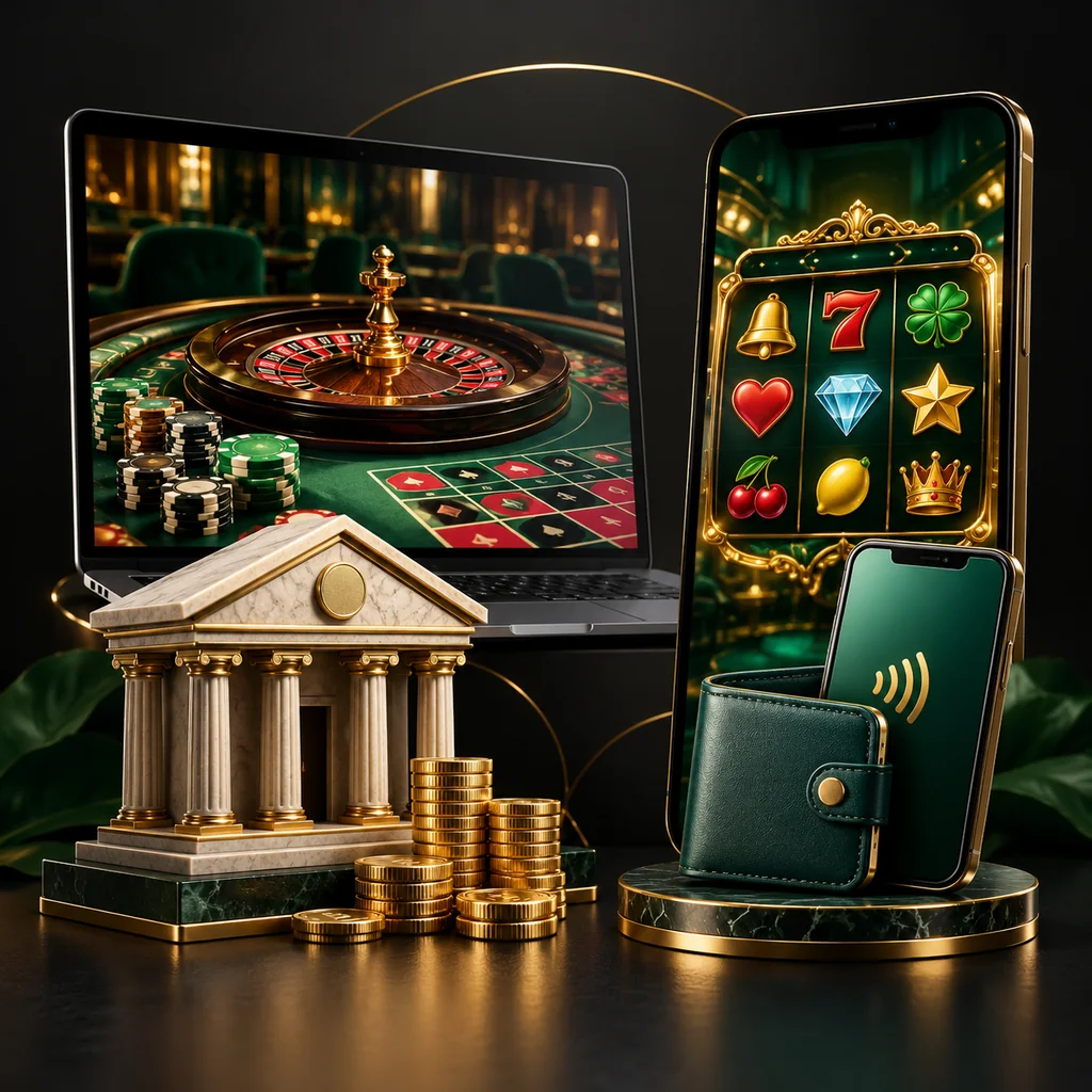 Two unbranded game interfaces beside bank and mobile wallet objects