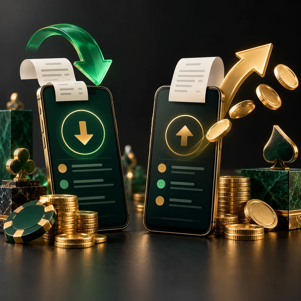 Incoming and outgoing payment arrows around two phone ledgers with receipts