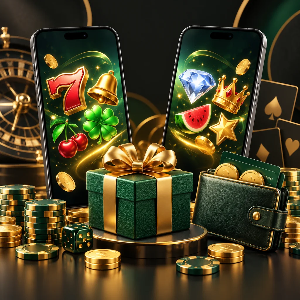 Two neutral casino phones beside a gift icon, slot symbols and digital wallet, no café logos
