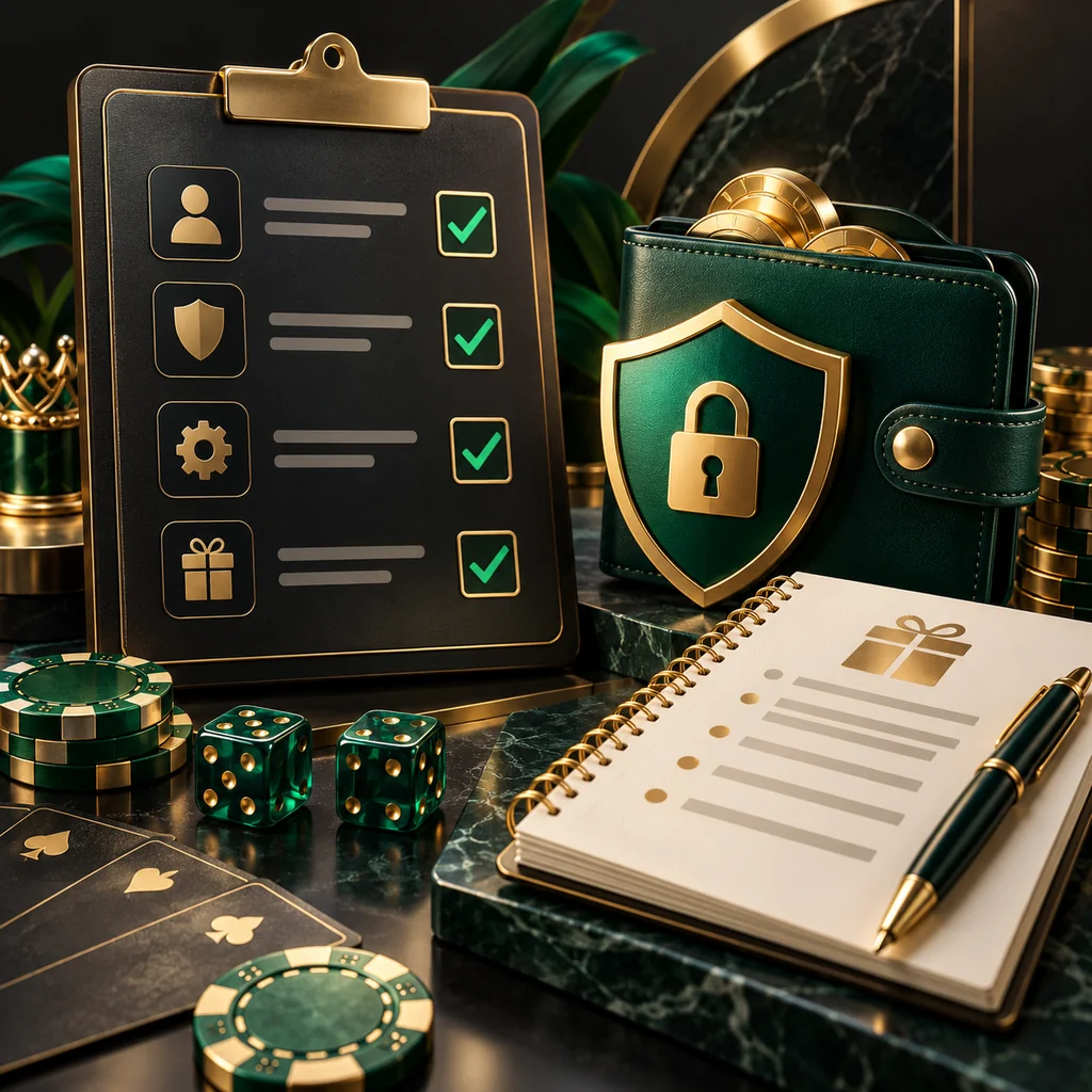A brand-identity checklist beside wallet permission shield and bonus terms notebook