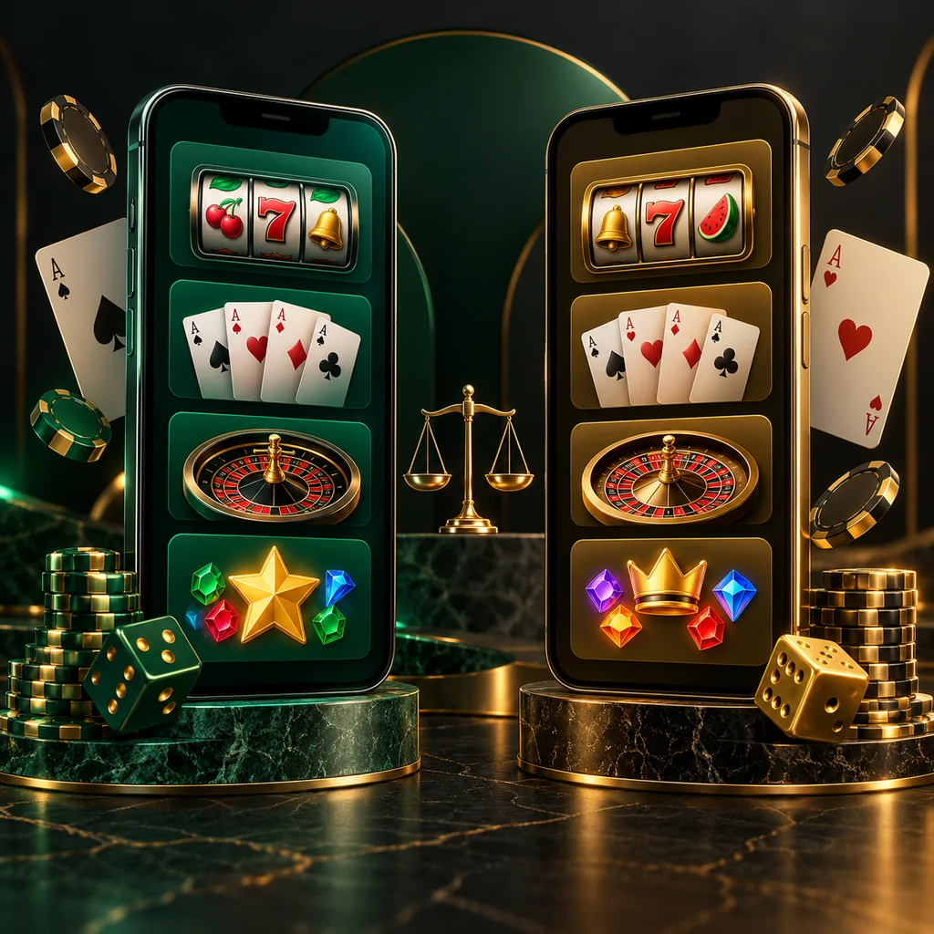 Two abstract casino catalogues on phones with cards and slot symbols