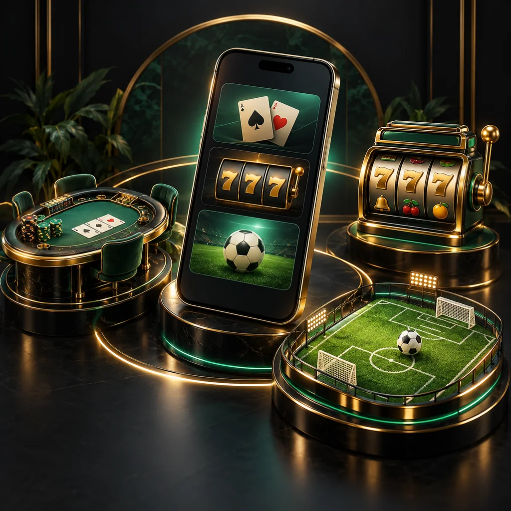 Phone connecting casino cards, slot reels and football betting formats
