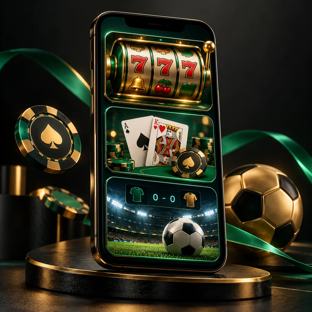 Phone showing slots, live cards and a sports scoreboard