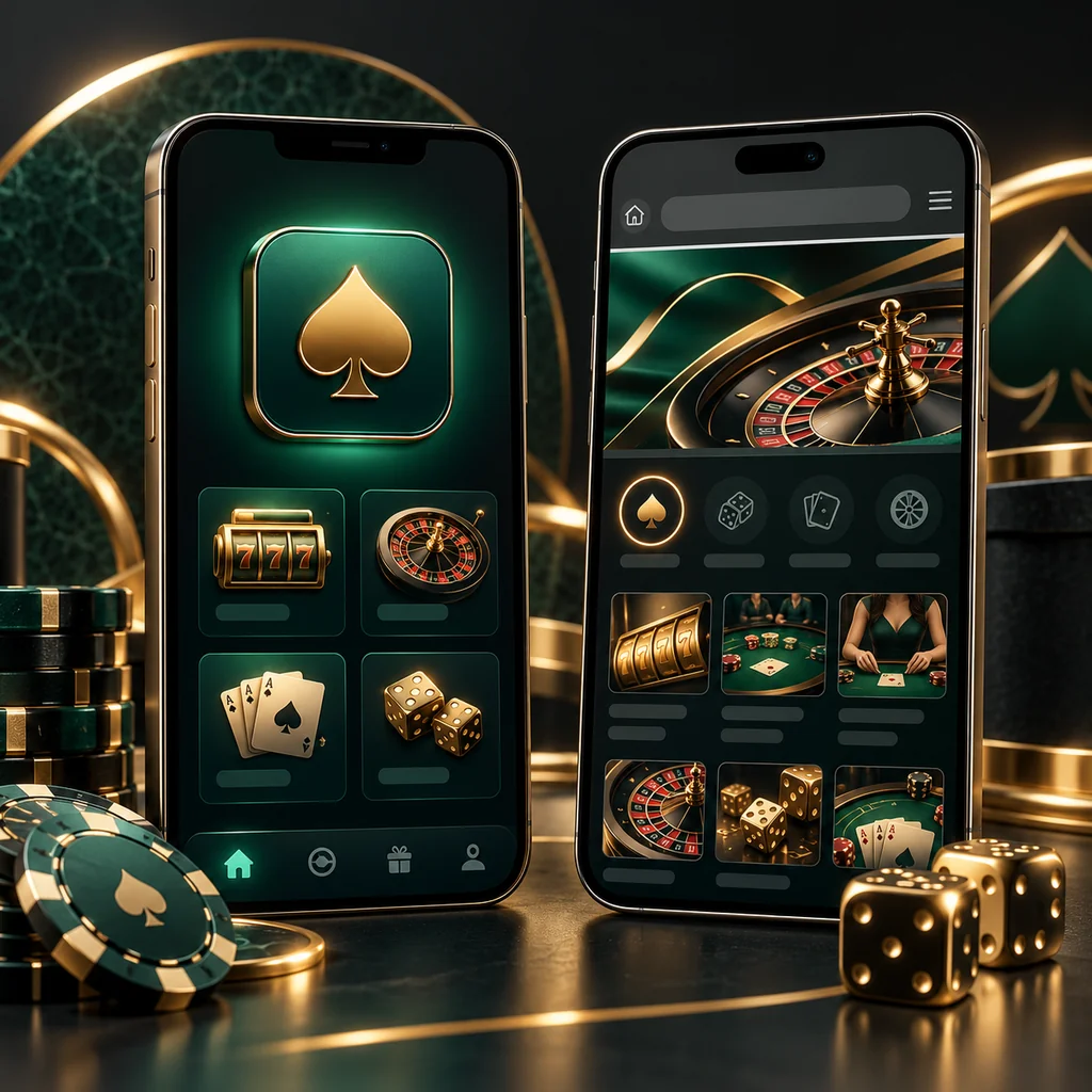 App and browser interfaces shown on two smartphones