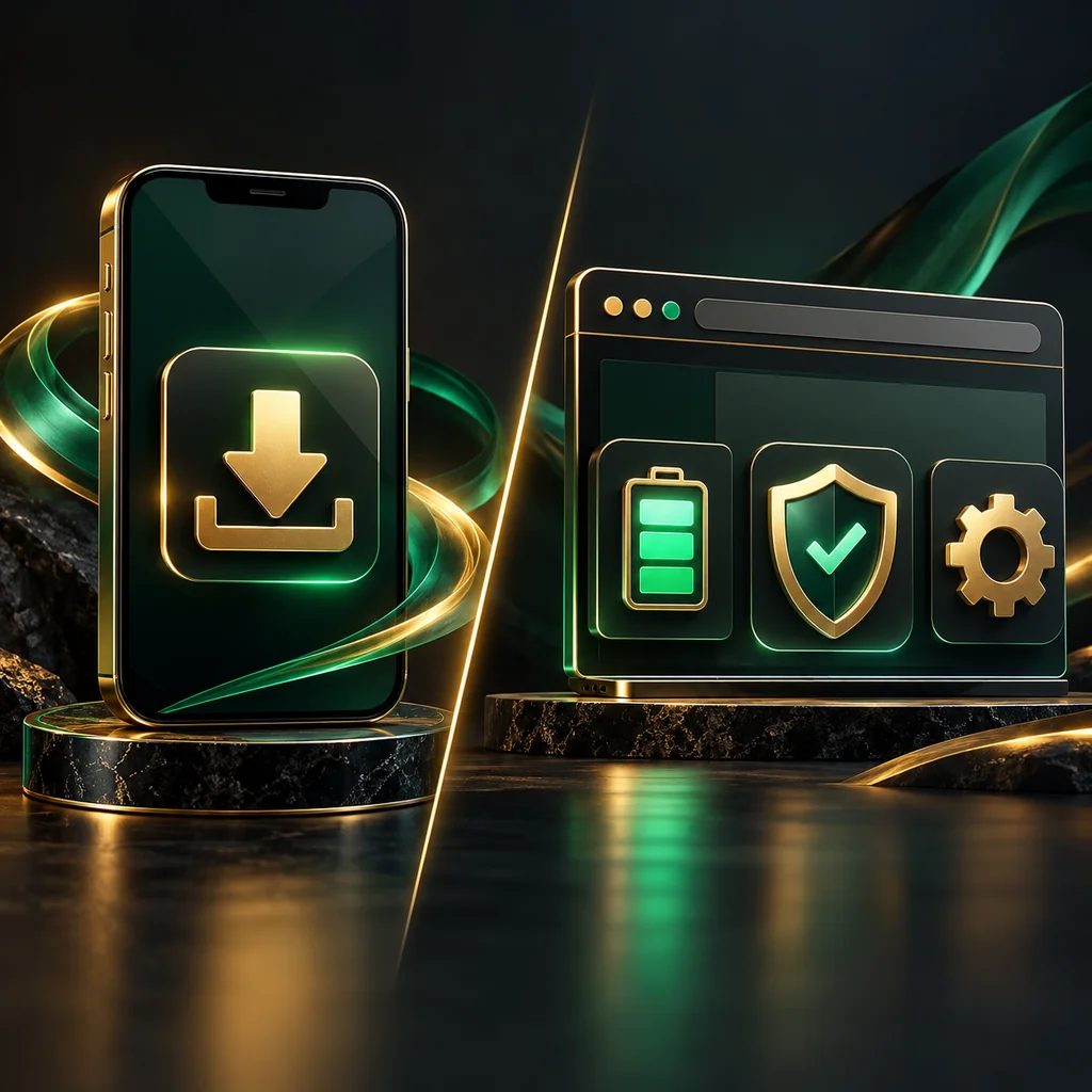 App download and browser access compared with security and settings symbols