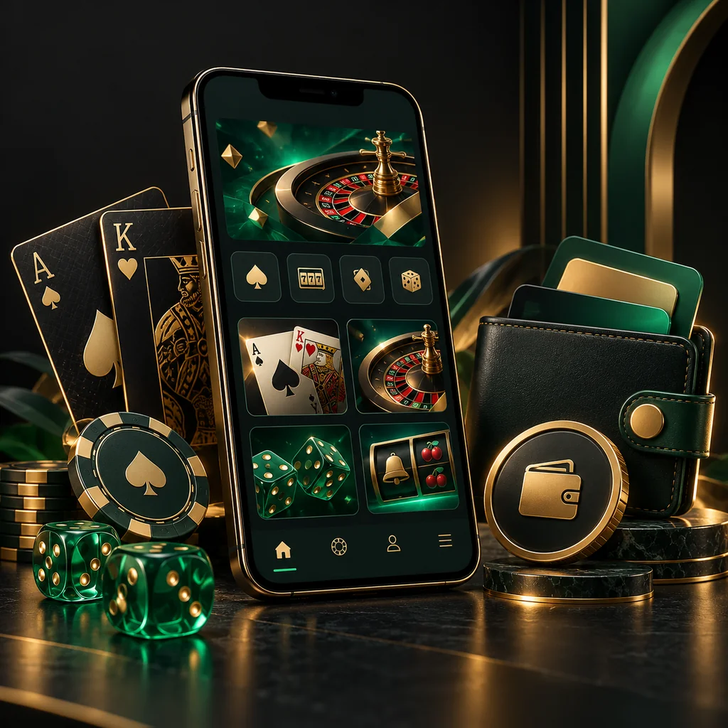 Mobile casino interface concept with playing cards and a digital wallet