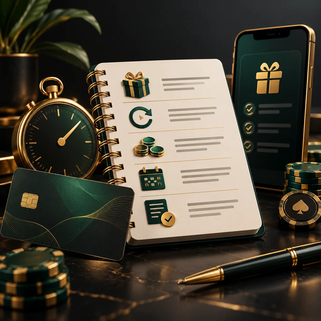 Bonus conditions notebook beside a payment card and smartphone