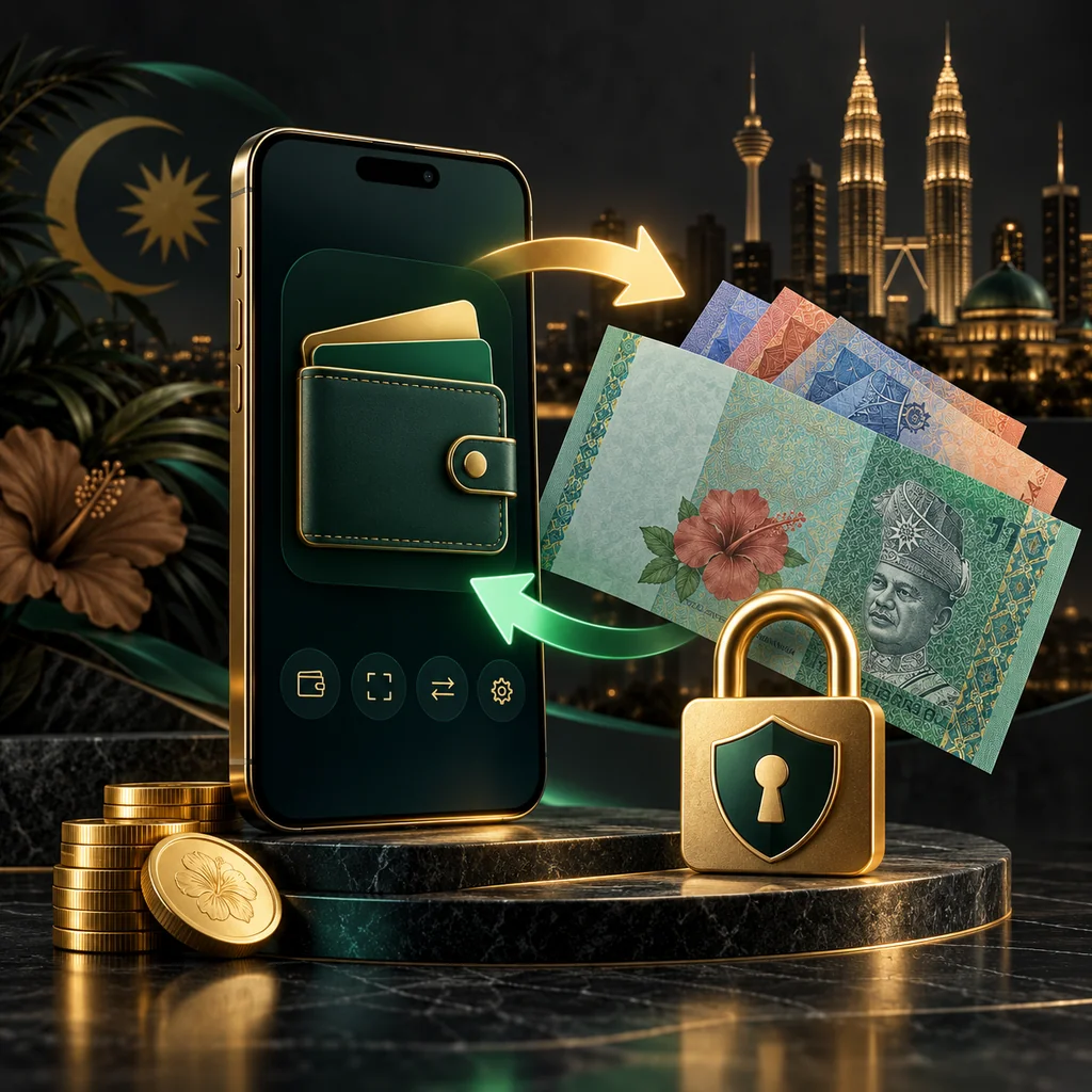 Digital wallet phone with transfer arrows and a security lock