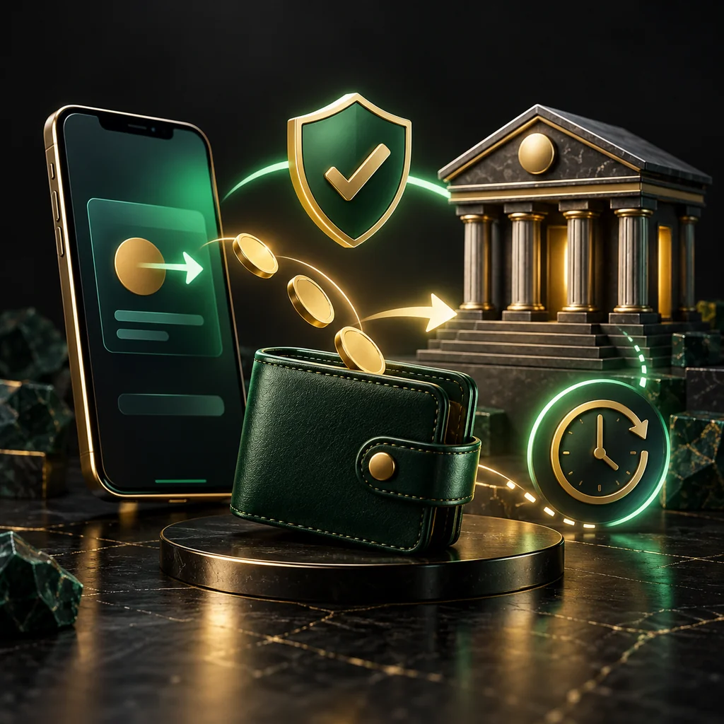 Payment processing concept with a phone, bank, verification shield and clock