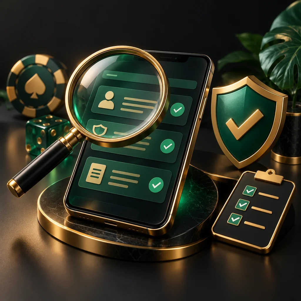 Magnifying glass inspecting a phone with shield and checklist symbols