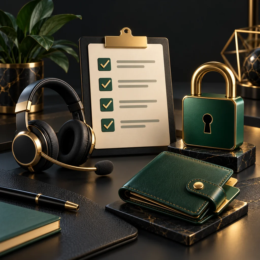 Casino research checklist with a lock, support headset and wallet