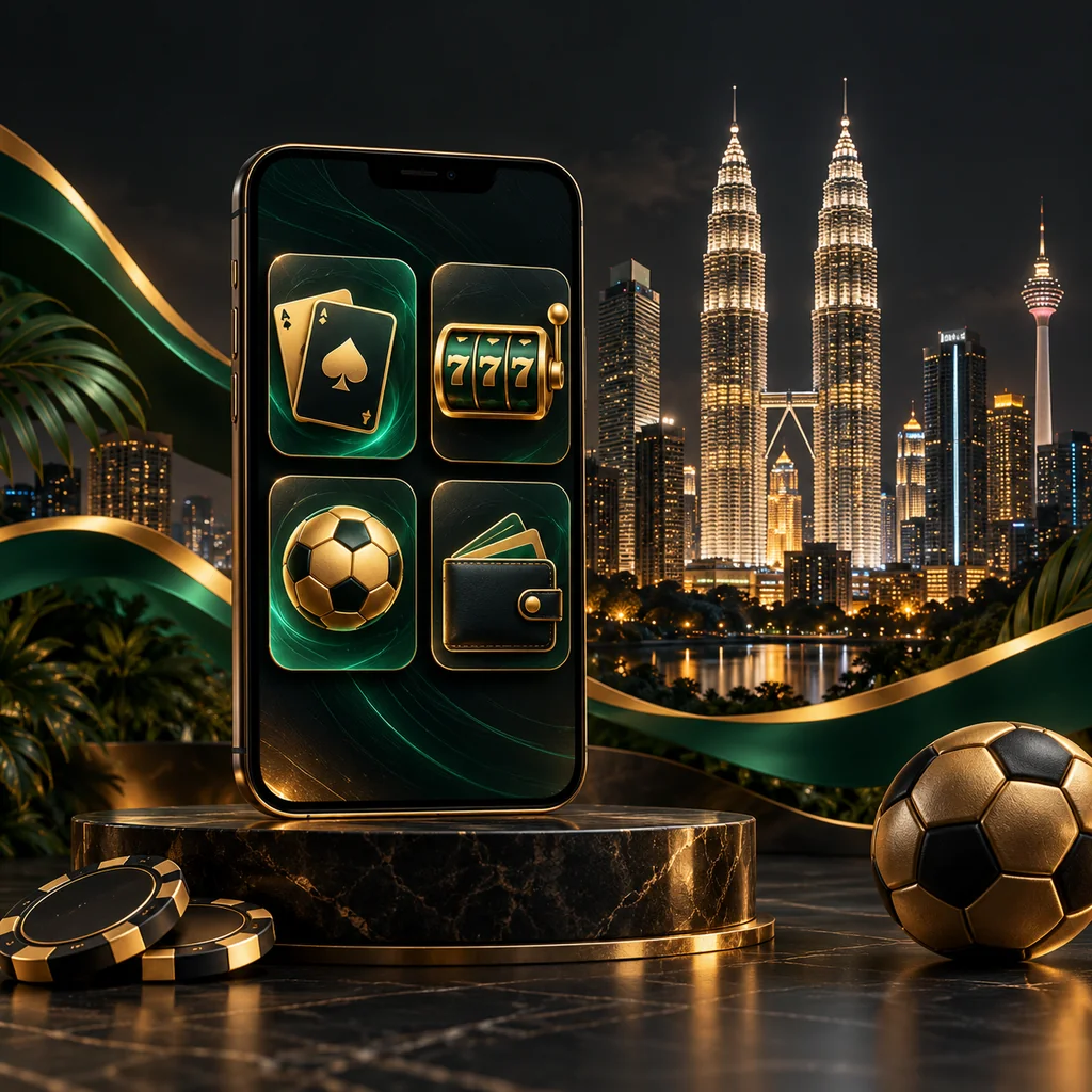 Kuala Lumpur skyline with a phone representing casino games, sports betting and payments