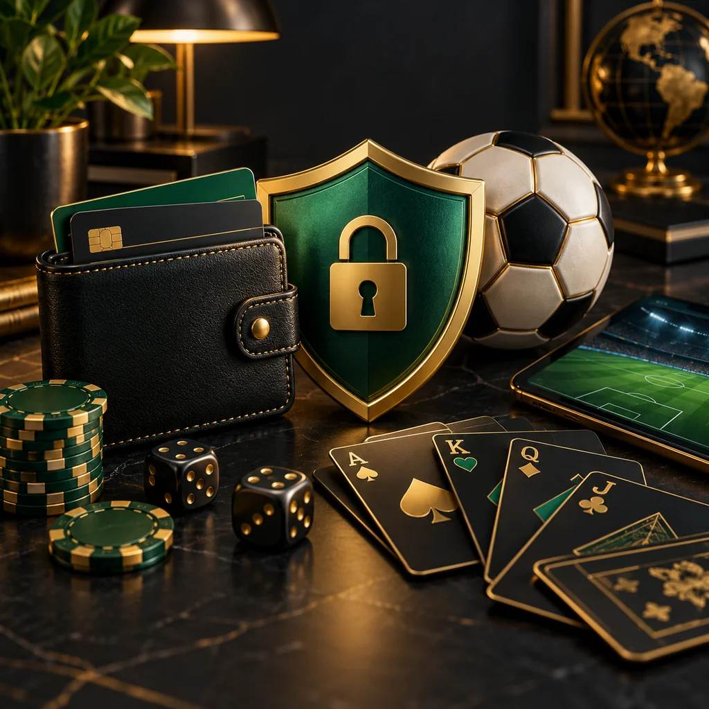 Safety shield, digital wallet, playing cards and football on a dark desk