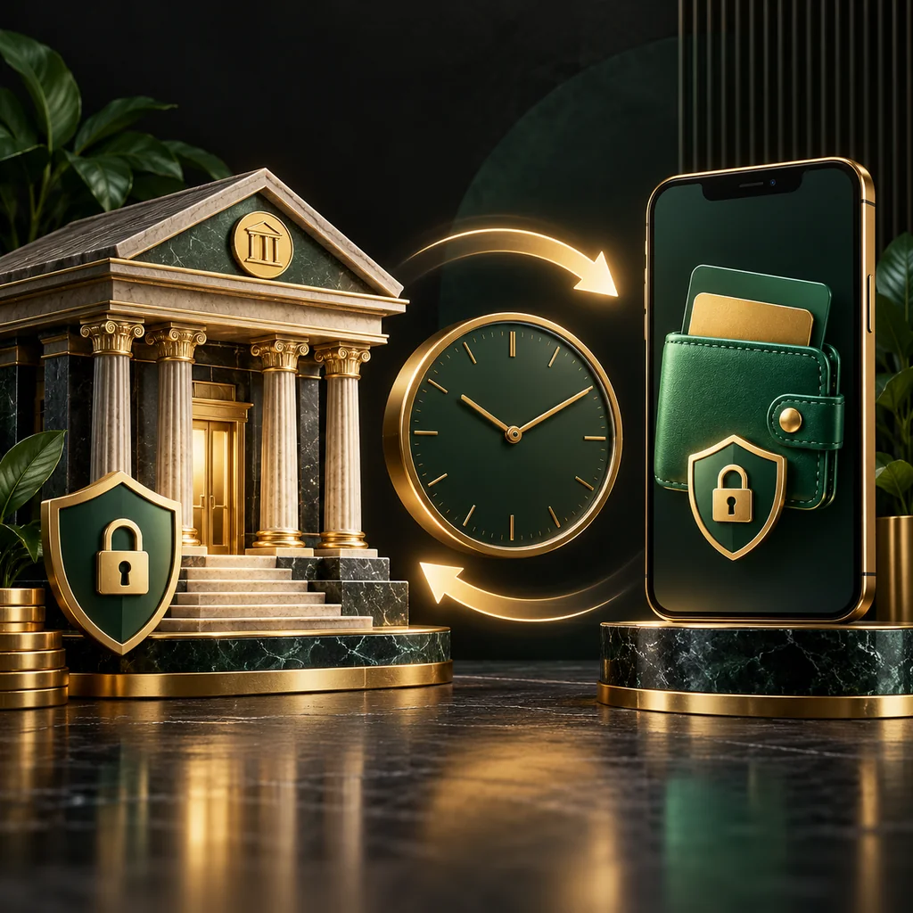 An elegant side-by-side comparison of bank building and mobile wallet with a clock between