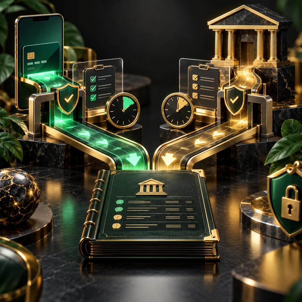 Two parallel payment pathways reaching a ledger, each with review gates and a timing clock