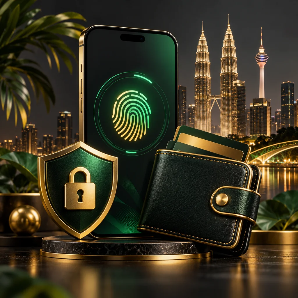 A secure mobile phone wallet with biometric fingerprint and subtle Malaysian skyline