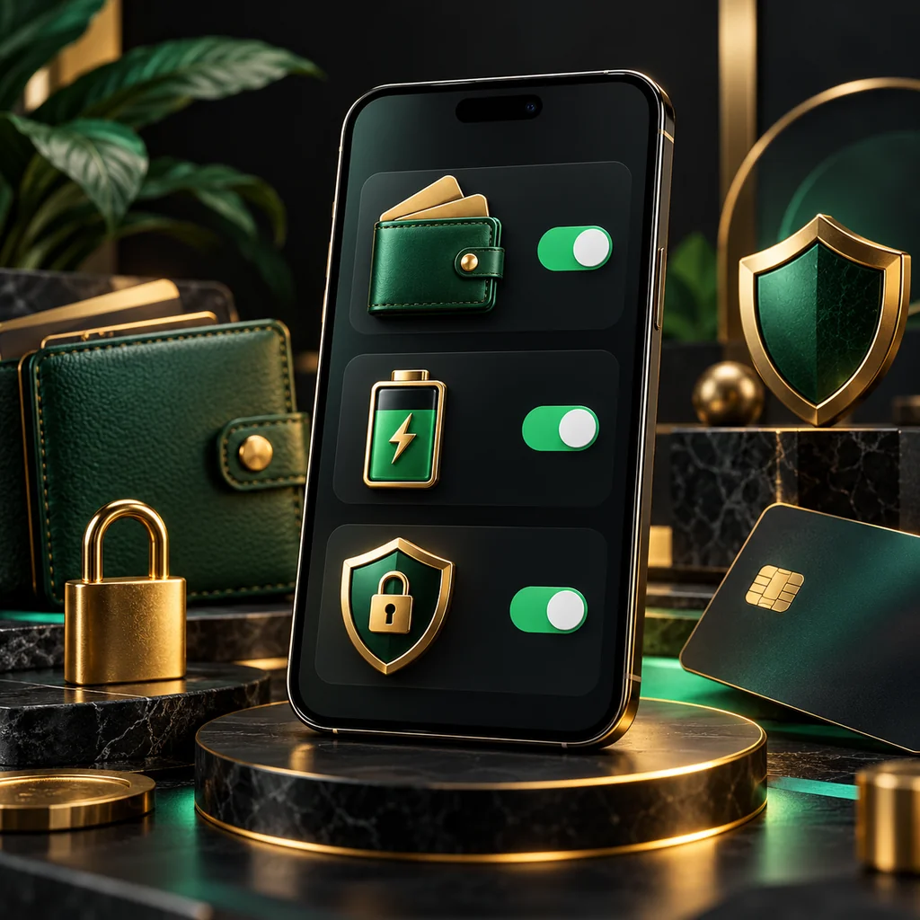 A phone settings screen with readable abstract control icons beside wallet, battery and shield