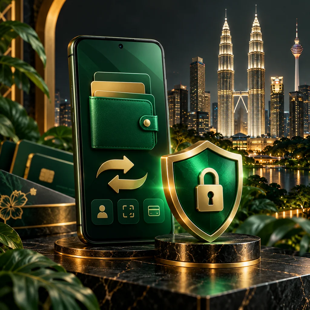 A smartphone digital wallet with an emerald shield, transfer arrows and Kuala Lumpur skyline