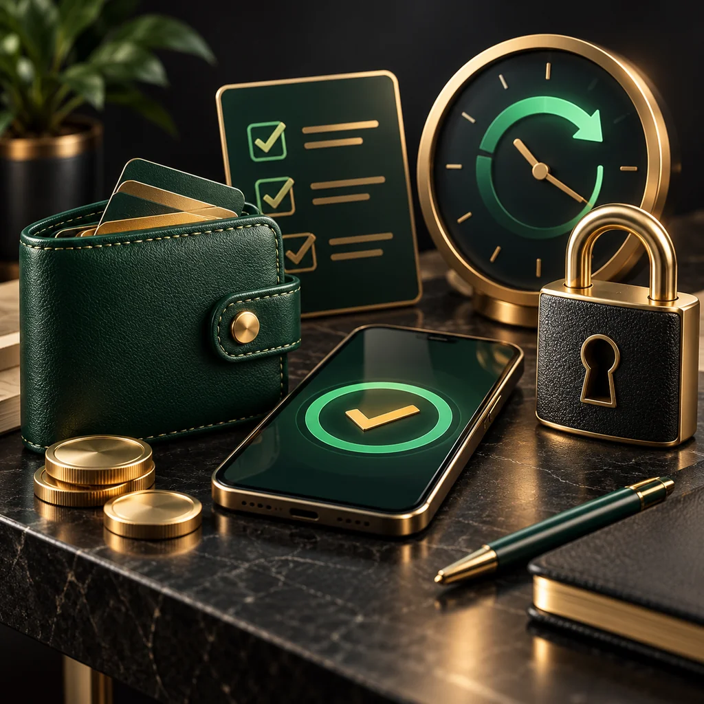 A payment research desk with wallet, checklist, processing clock and lock