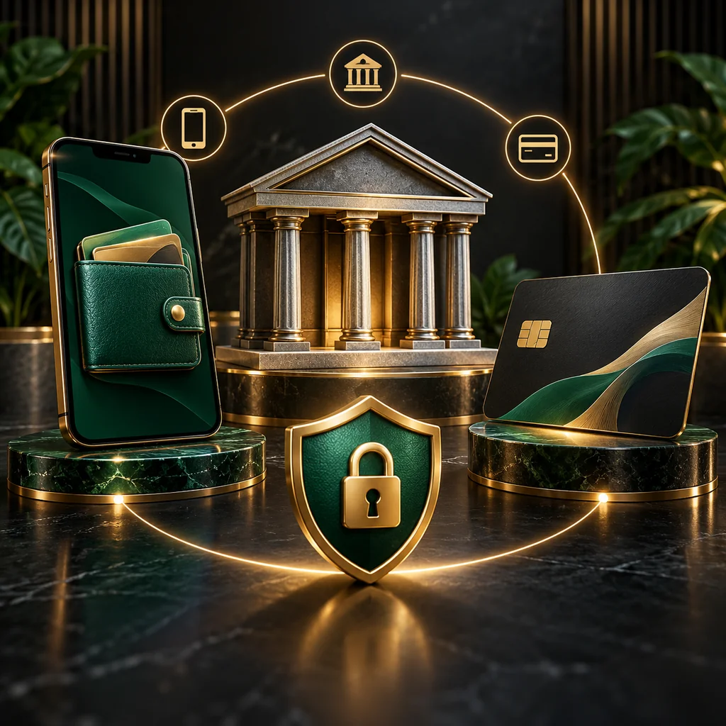 Three unbranded payment objects: mobile wallet, bank building and card, arranged as a comparison