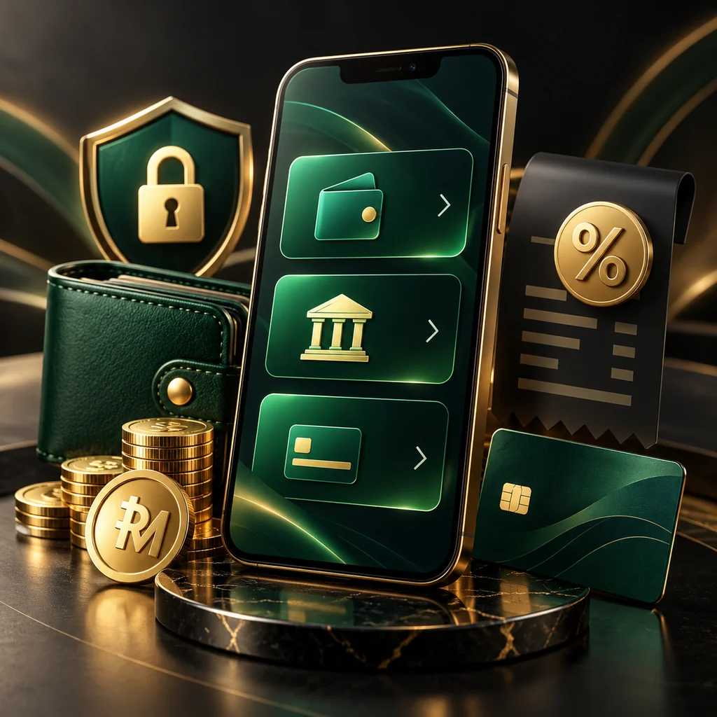 A smartphone showing abstract payment choices beside currency and fee symbols