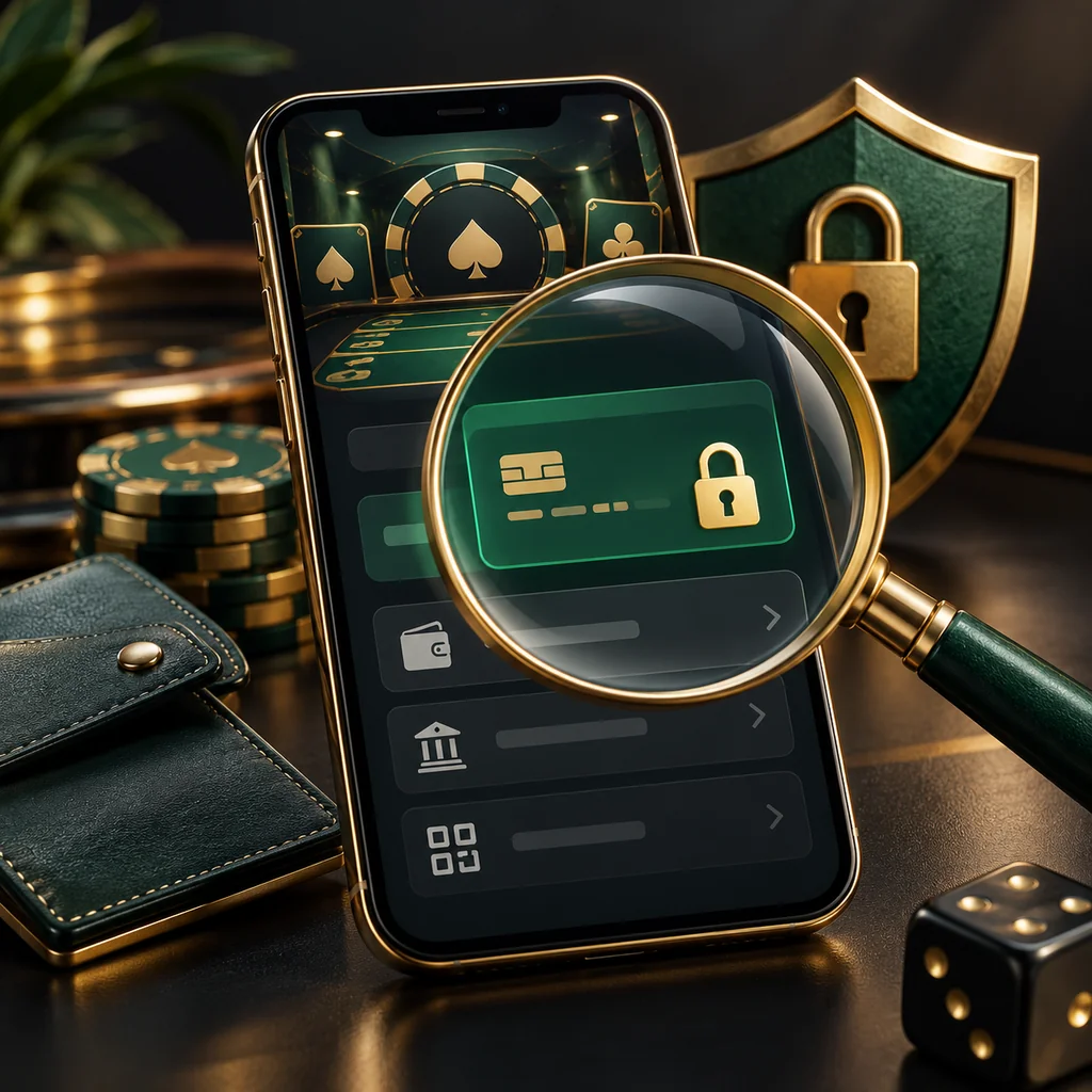 A phone displaying an abstract casino payment page examined through a magnifying glass