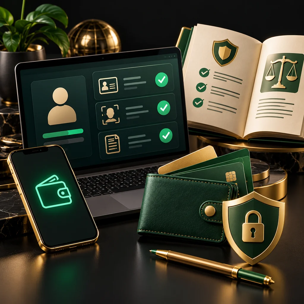 A verification workflow with operator page, payment policy booklet and wallet icons