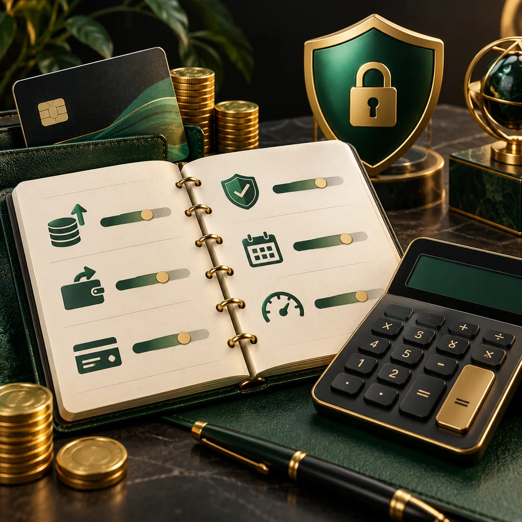A ledger and calculator showing abstract deposit thresholds and daily limits without numbers