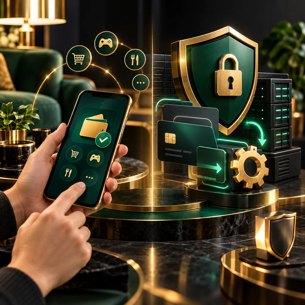 A balanced two-sided editorial scene of mobile wallet convenience versus processing and security considerations