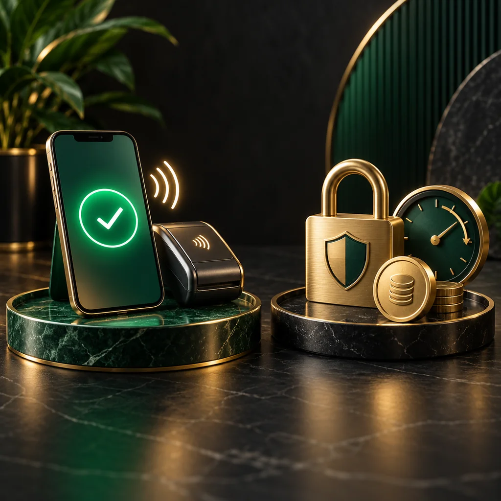 Two minimalist trays comparing a quick phone payment with a lock, fee coin and processing clock
