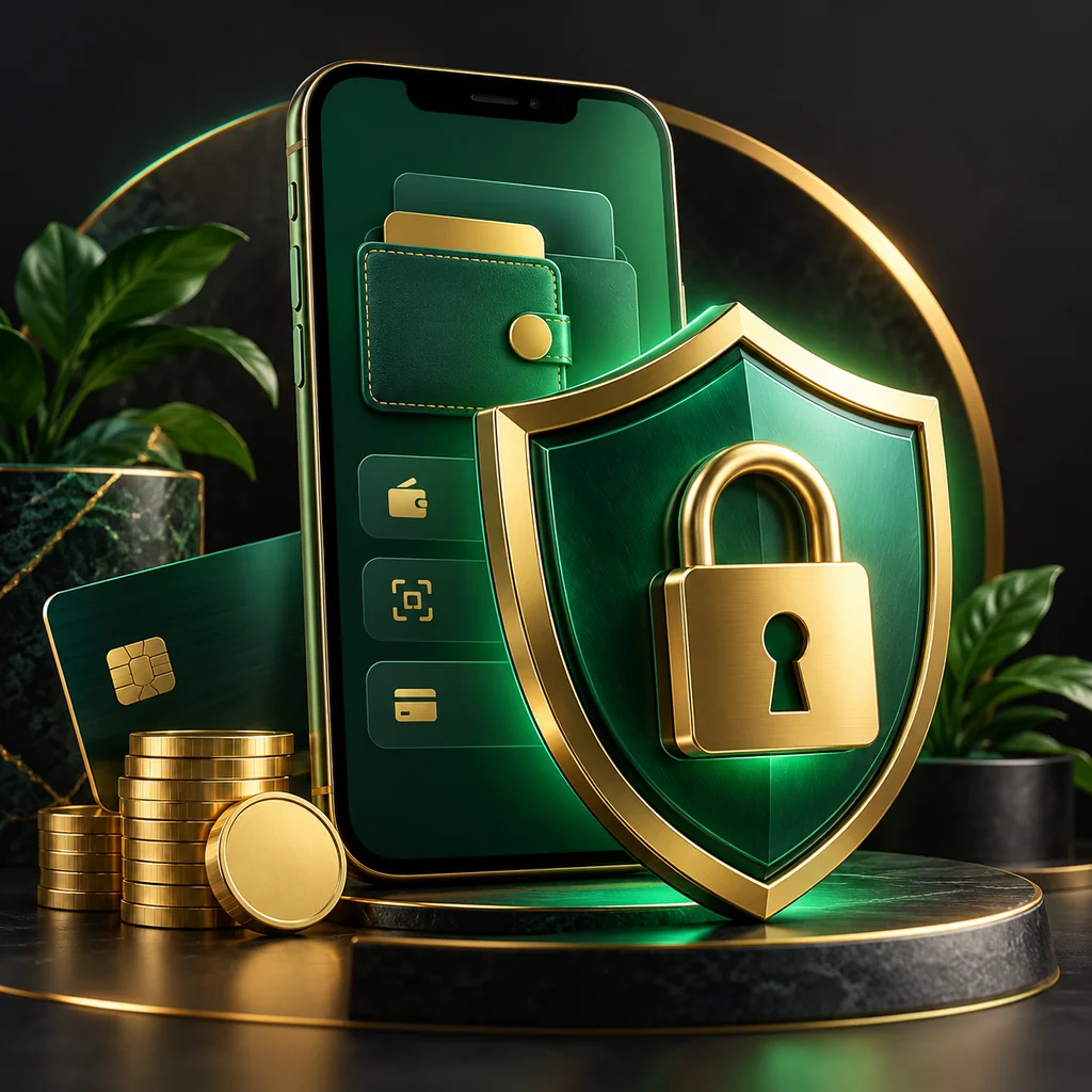 A smartphone wallet behind a strong emerald shield and padlock